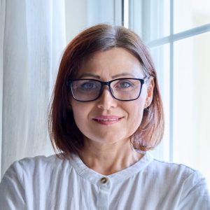 Stock portrait of a woman wearing glasses
